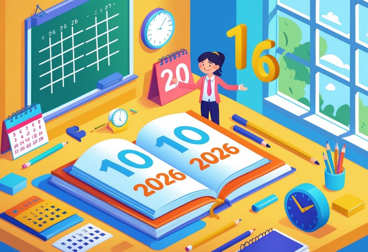 Uma sala de aula com um livro aberto mostrando os anos 2010 e 2026, um professor apontando para o número 16 flutuante, e elementos escolares ao redor.