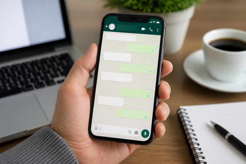 Pessoa segurando um smartphone com a tela do WhatsApp aberta, mostrando uma conversa, sobre uma mesa com laptop, caderno e uma xícara de café.