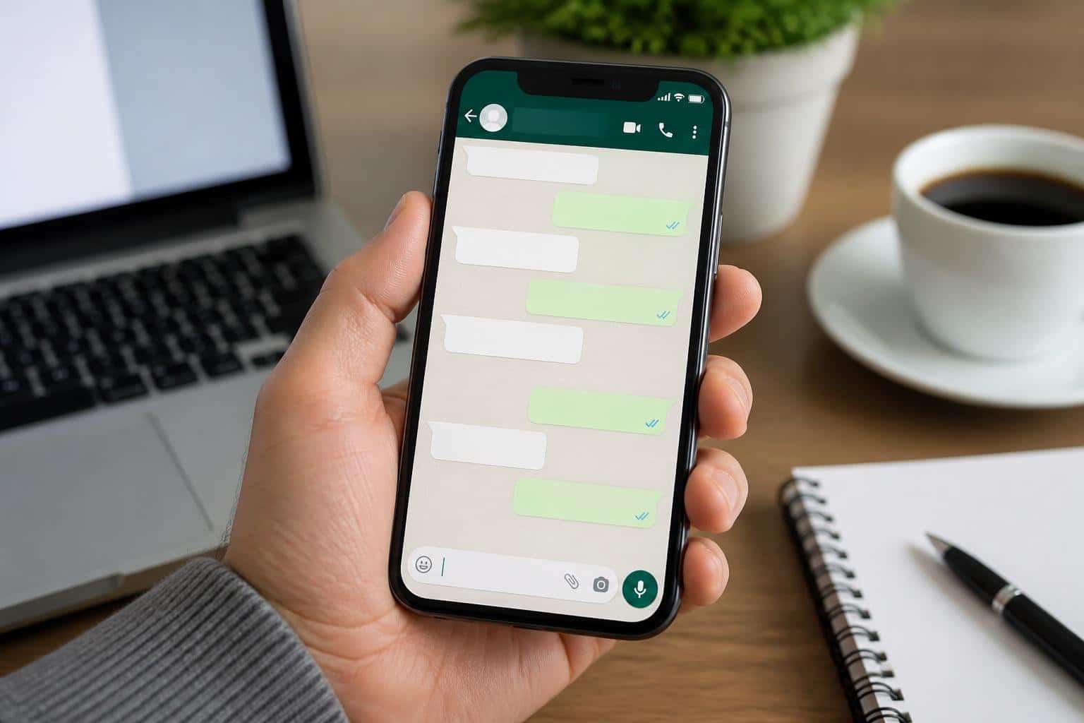 Pessoa segurando um smartphone com a tela do WhatsApp aberta, mostrando uma conversa, sobre uma mesa com laptop, caderno e uma xícara de café.
