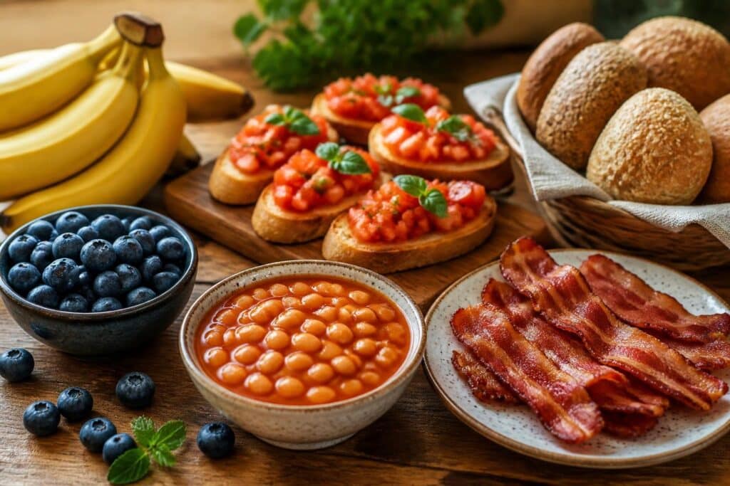 Mesa com uma variedade de alimentos que começam com a letra B, incluindo bananas, mirtilos, pães, bruschetta, feijão cozido e tiras de bacon.