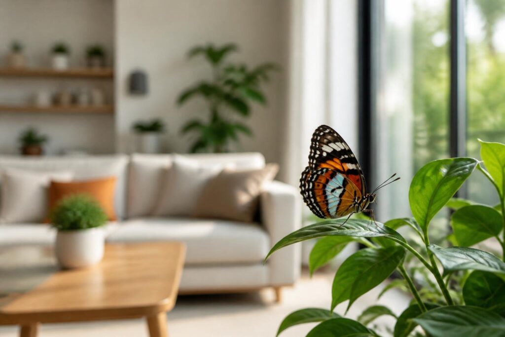 Uma borboleta colorida pousada em uma planta dentro de uma sala de estar moderna e iluminada.