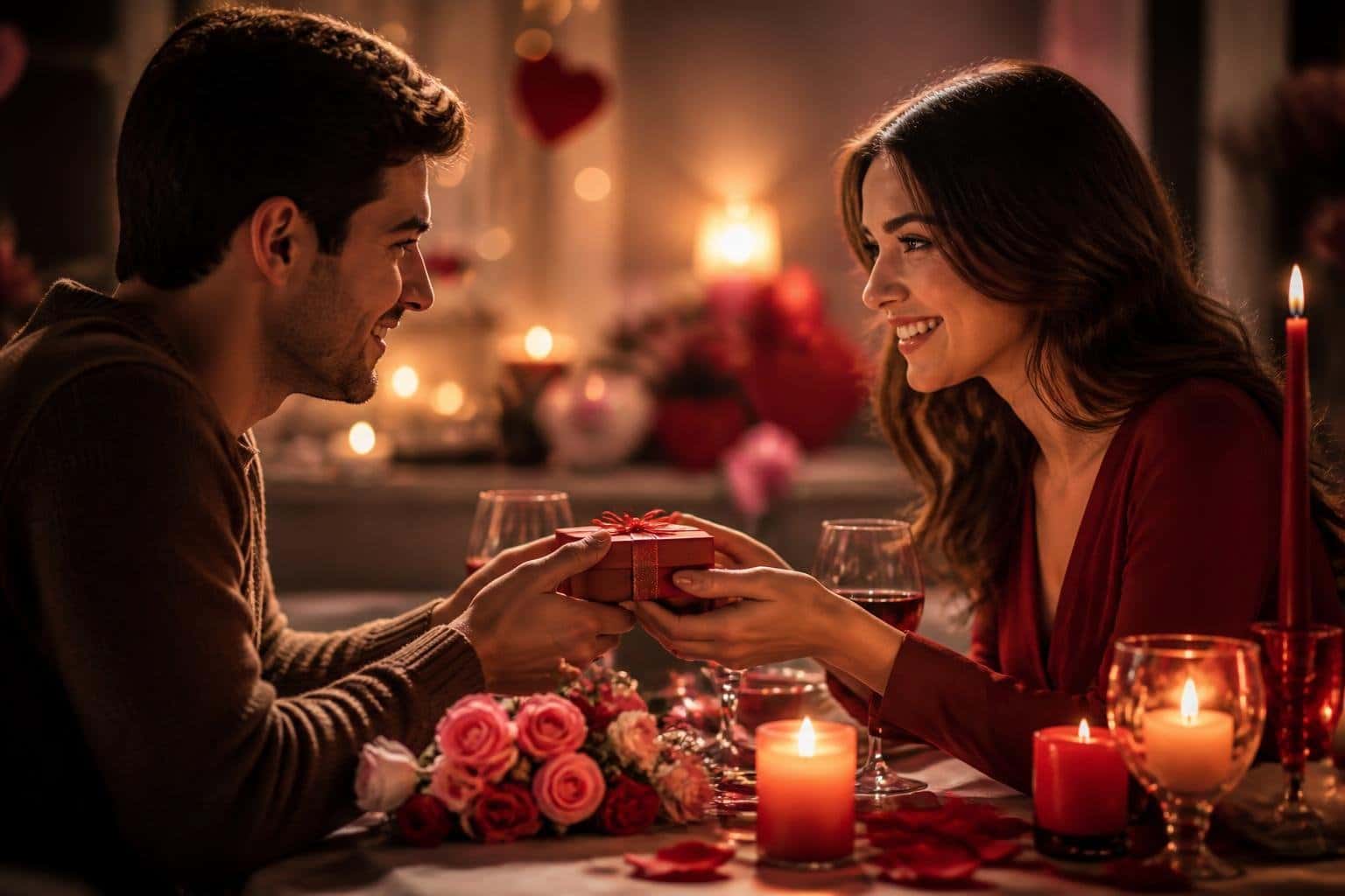 Um casal sorridente sentado próximo em uma mesa com velas e flores, trocando um presente simbólico em um ambiente acolhedor.