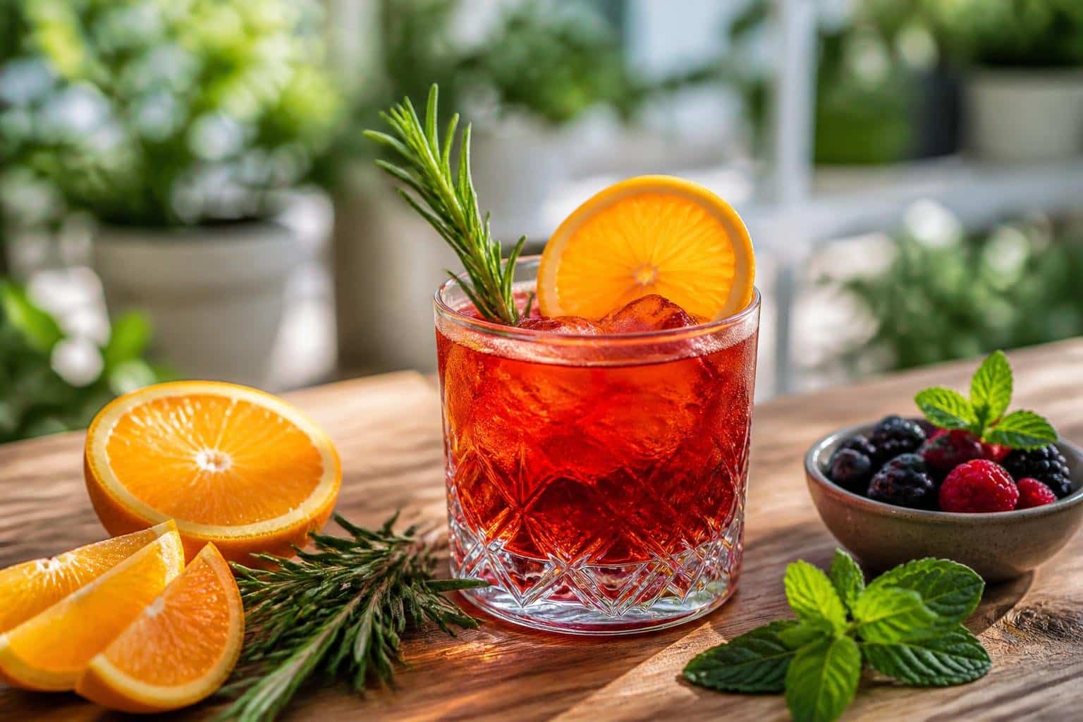Um copo elegante de Campari com fatia de laranja e ramo de alecrim sobre uma mesa de madeira, cercado por ingredientes frescos como laranja, ervas e frutas vermelhas, em um ambiente claro e acolhedor.
