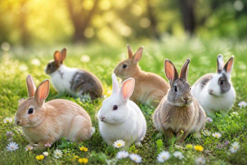Um grupo de coelhos em um campo verde com flores, sob luz suave do sol.