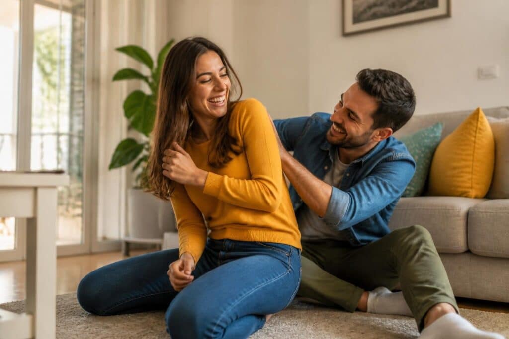 Um casal sorridente brincando juntos em uma sala de estar aconchegante e iluminada.