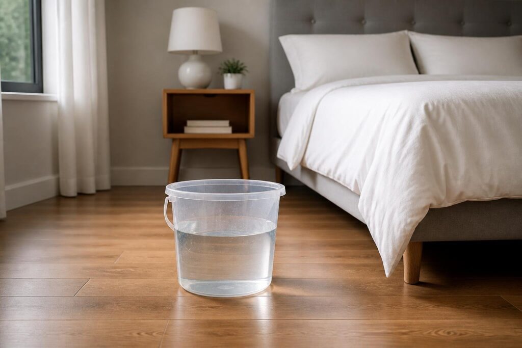Quarto com um balde transparente cheio de água no chão ao lado da cama arrumada.