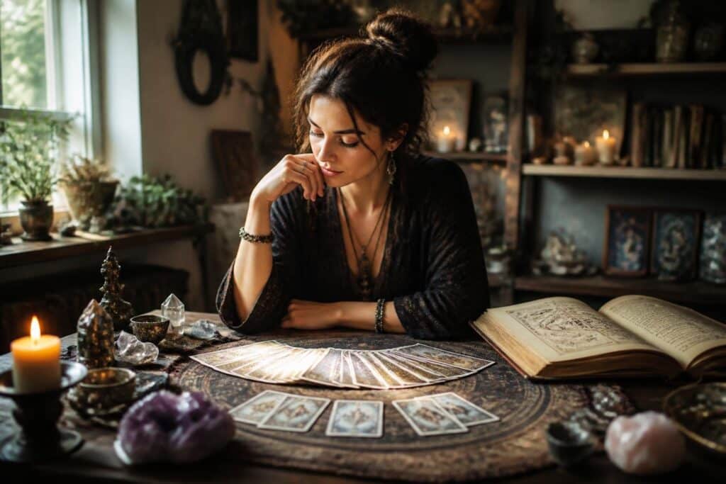 Pessoa sentada à mesa com cartas de tarô espalhadas, vela acesa e cristais, em ambiente tranquilo e iluminado por luz natural.