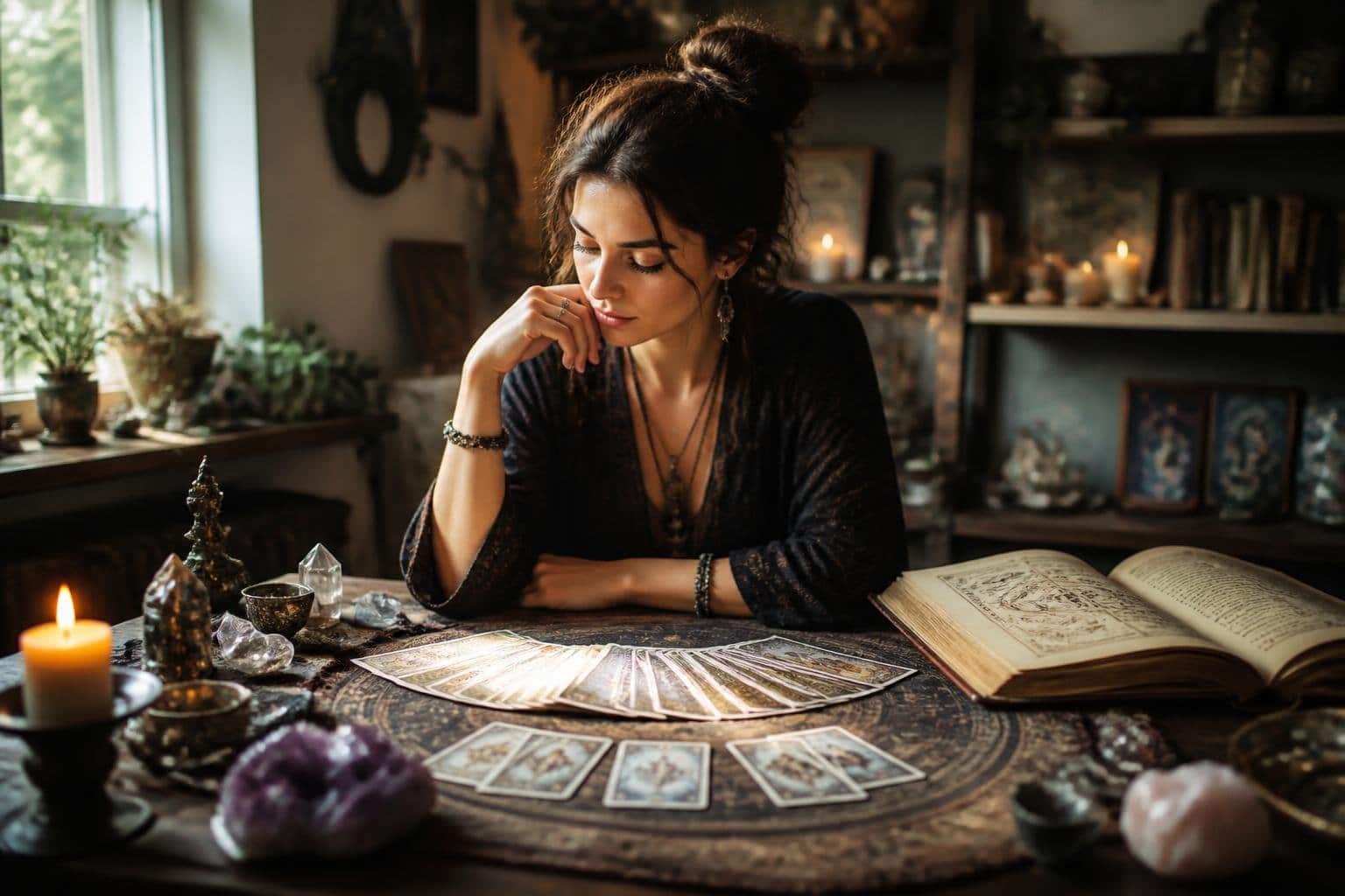 Pessoa sentada à mesa com cartas de tarô espalhadas, vela acesa e cristais, em ambiente tranquilo e iluminado por luz natural.