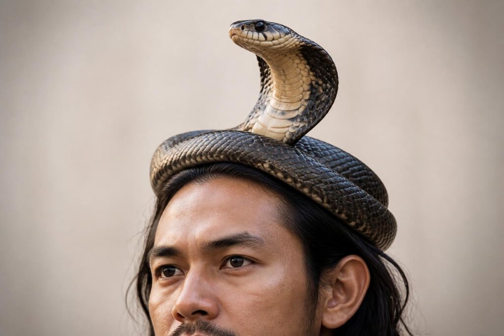Pessoa com uma cobra enrolada na cabeça, em um ambiente neutro e com expressão calma.