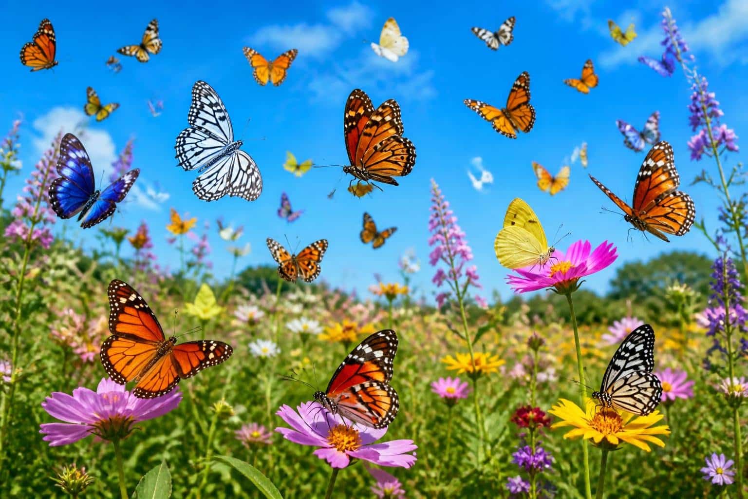 Um grande grupo de borboletas coloridas voando sobre um campo verde com flores ao fundo.