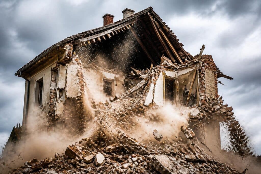Casa residencial parcialmente destruída com paredes desabando e escombros caindo.