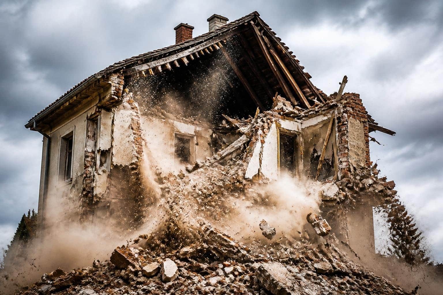 Casa residencial parcialmente destruída com paredes desabando e escombros caindo.