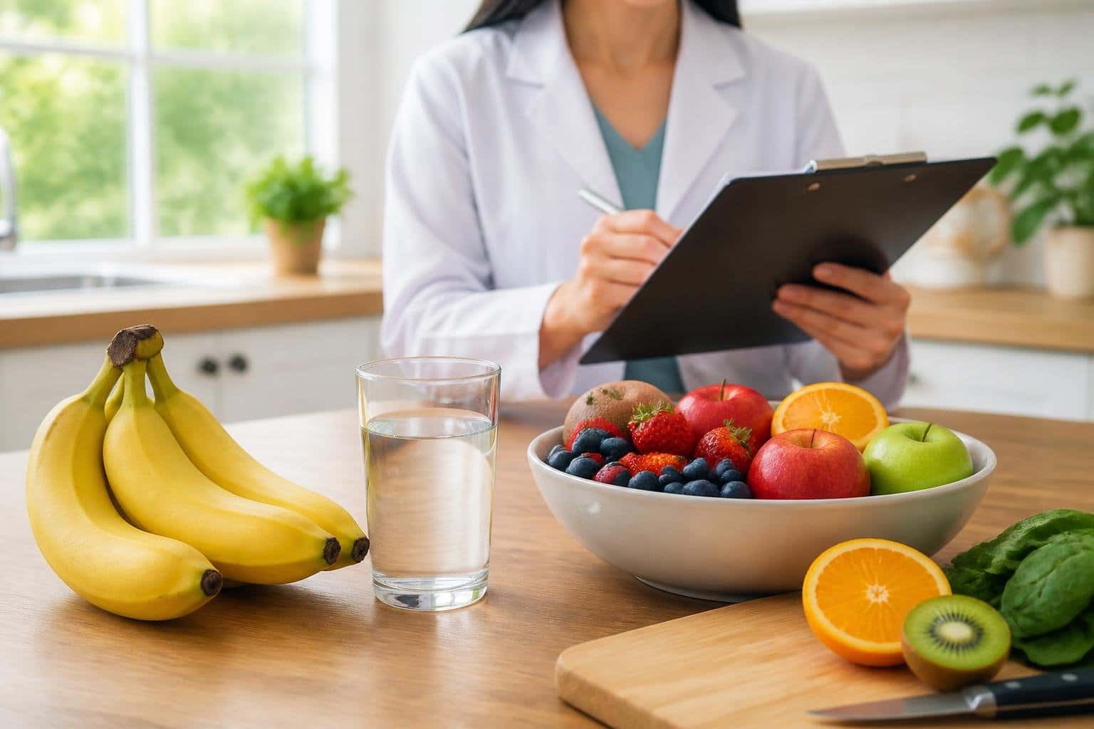 Bananas e frutas frescas sobre uma bancada de cozinha, com uma pessoa de jaleco ao fundo segurando uma prancheta.