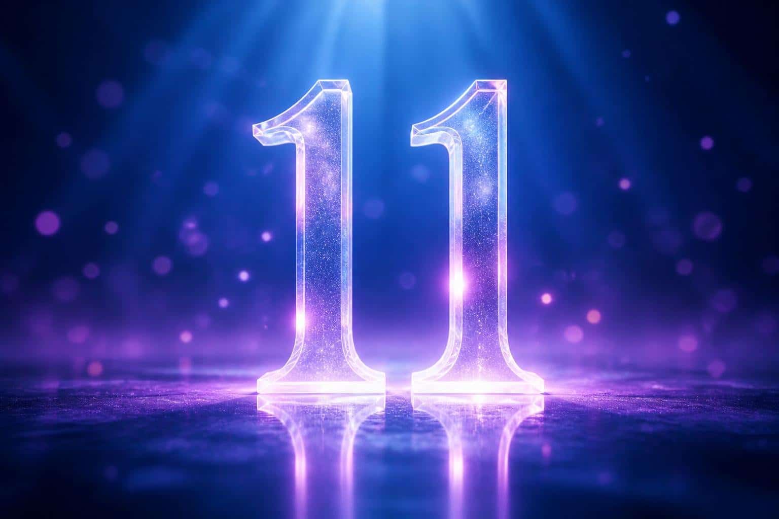Dois dígitos 11 brilhando sobre uma superfície refletiva com fundo azul e roxo suave.